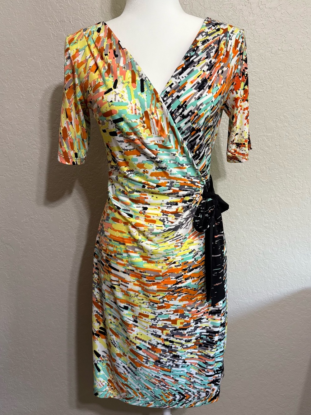 Lily Abstract Print Faux Wrap-Style Dress- Orange, Yellow, Mint, Black, & White